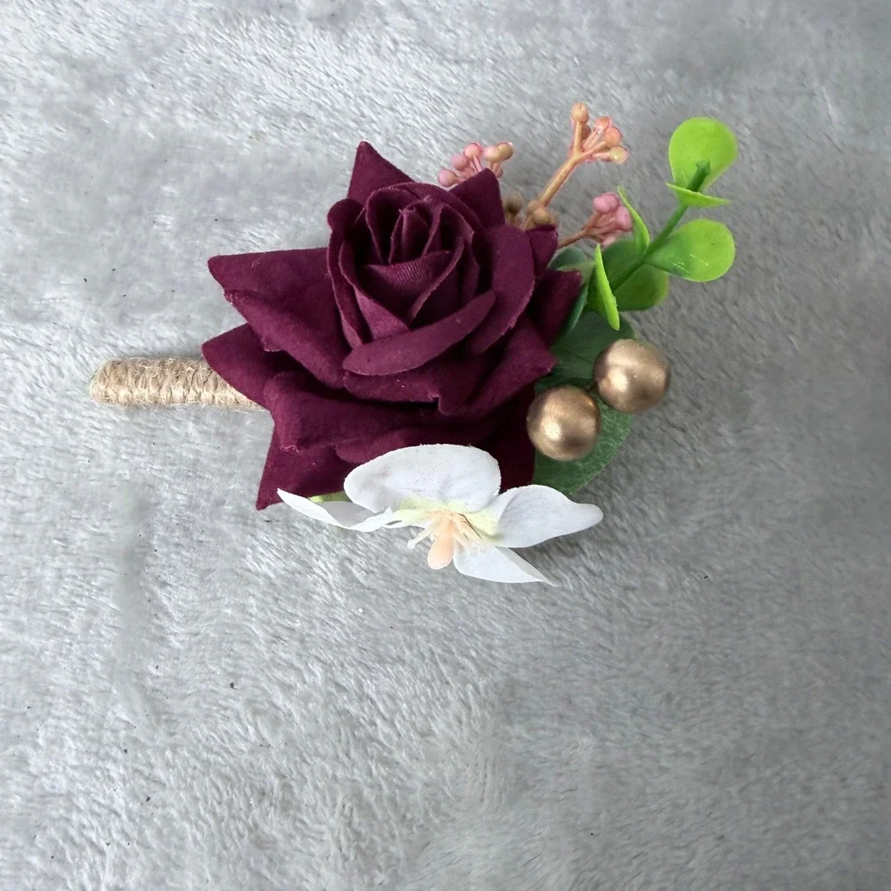 Boutonnière 6pc Burgundy Rose Gold Accents Rustic Wedding Formal Floral Groom
